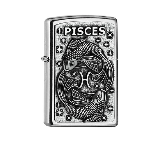 Zippo Zodiac Pisces aansteker met Street Chrome afwerking en vissen embleem reliëf