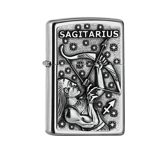 Zippo Zodiac Sagittarius regular aansteker met street chrome afwerking en embleem boogschutter motief