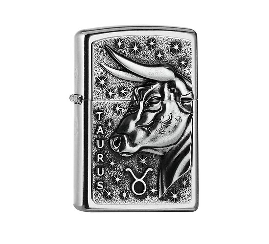 Zippo Zodiac Taurus aansteker met gedetailleerd stierkop embleem en sterren in street chrome afwerking