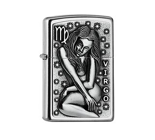 Zippo Zodiac Virgo met street chrome afwerking en gegraveerd embleem van vrouwelijk sterrenbeeld Maagd omringd door sterren