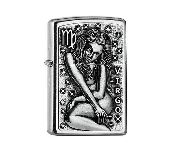 Zippo Zodiac Virgo met street chrome afwerking en gegraveerd embleem van vrouwelijk sterrenbeeld Maagd omringd door sterren